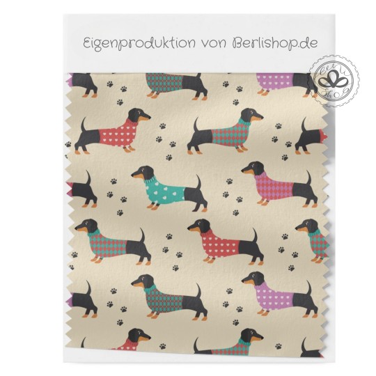 50 cm Baumwolle Canvas Stoff Dackel Hunde im Pulli - Beige Creme Stoffe - 153 g/m² Meterware 160 cm Eigenproduktion